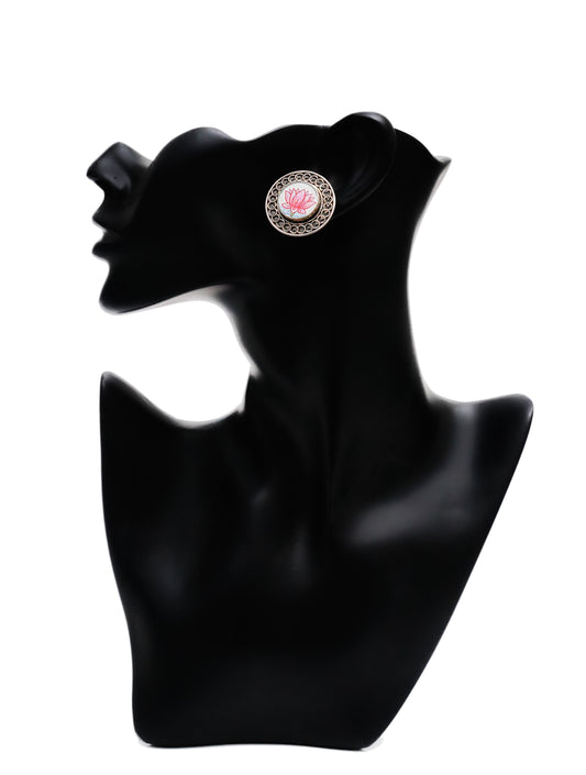 925 Silver Lotus Handpainting Studs with Rawa Work - Neeta Boochra Jewellery