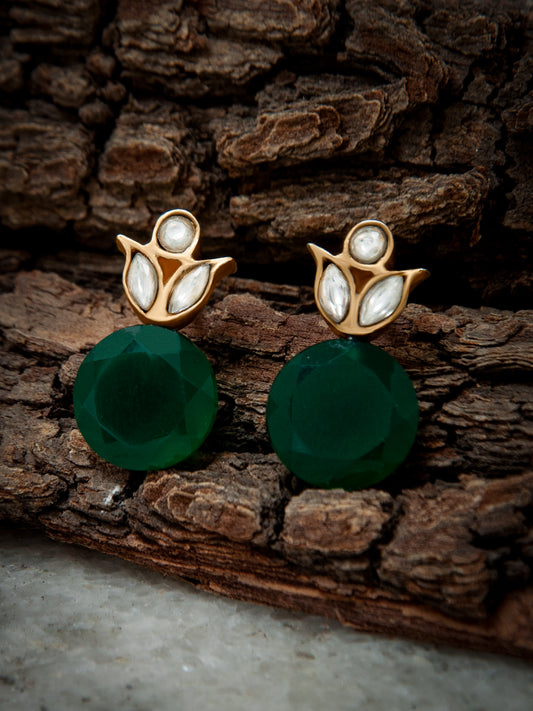 925 Sterling Silver Kundan Floral Studs with Green Onyx