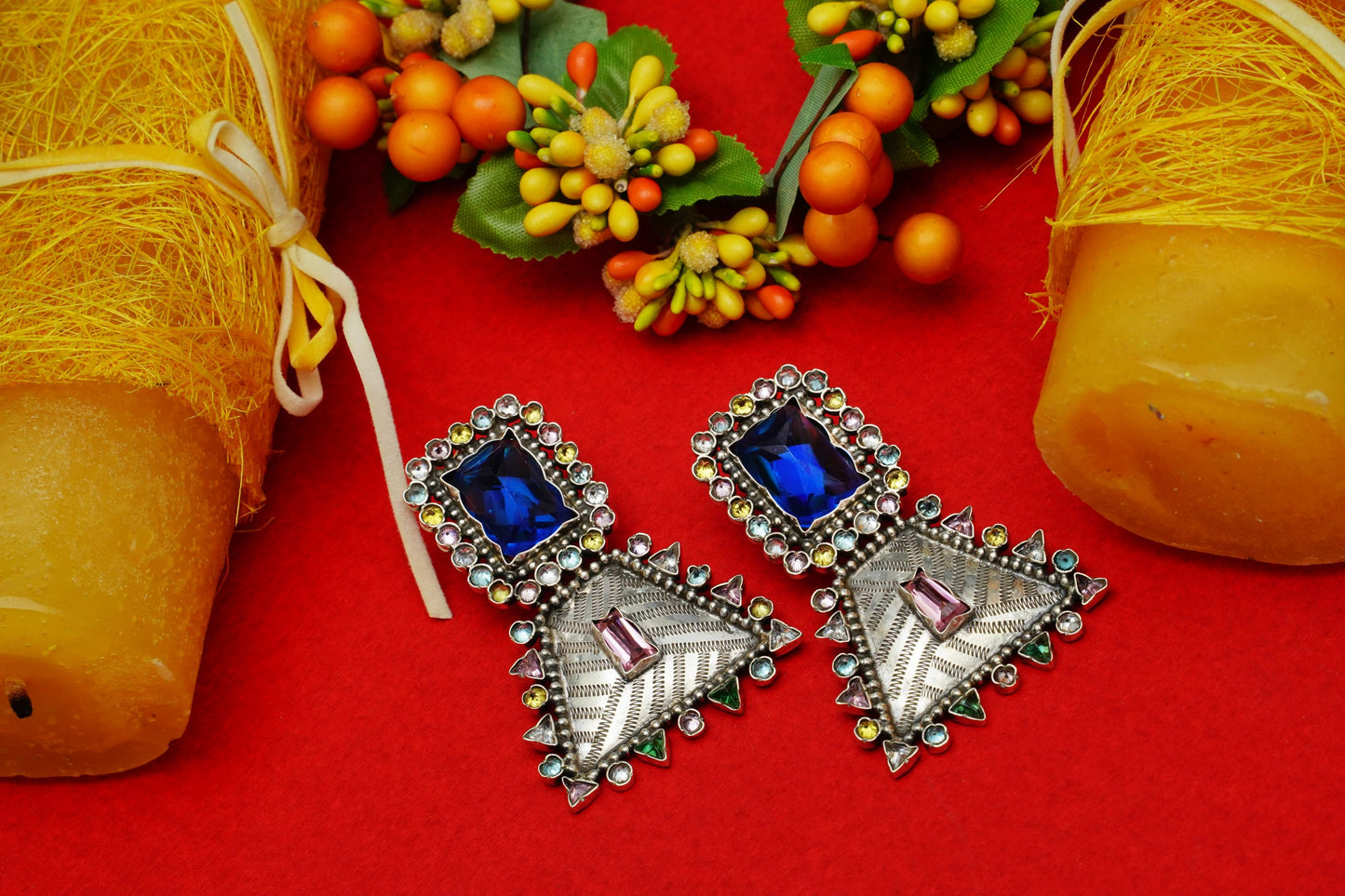 Multicolored Earring with Blue Stone - Neeta Boochra Jewellery