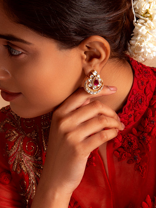 Swarnim Dark Red and White Kundan Studs