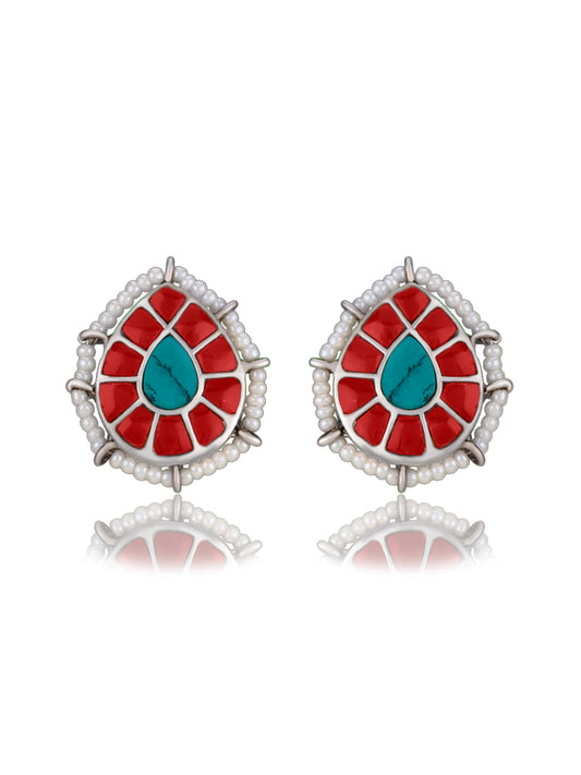 NB Signature Studs with Red Coral and Turquoise