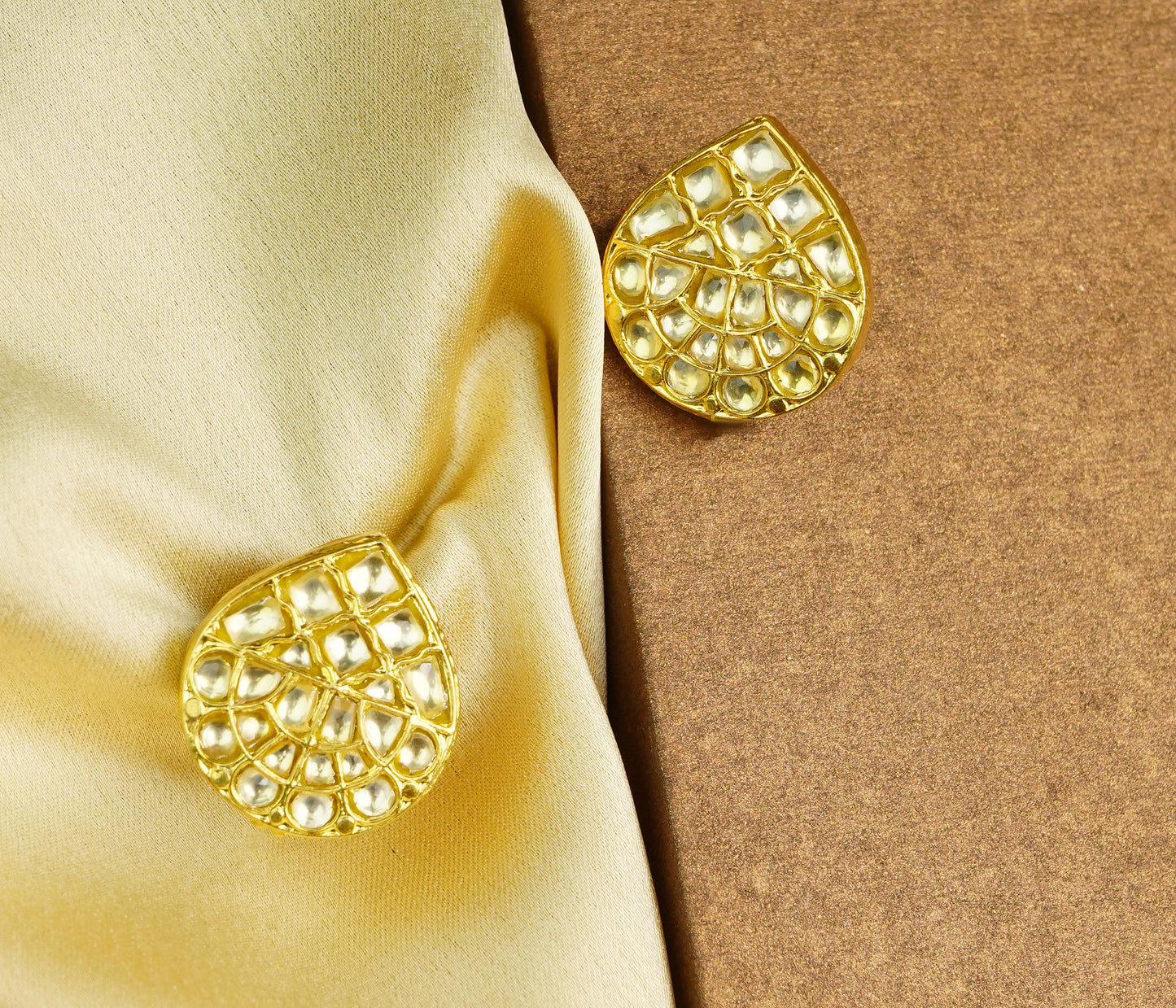 925 Silver Gold Plated White Kundan Paan Studs - Neeta Boochra Jewellery