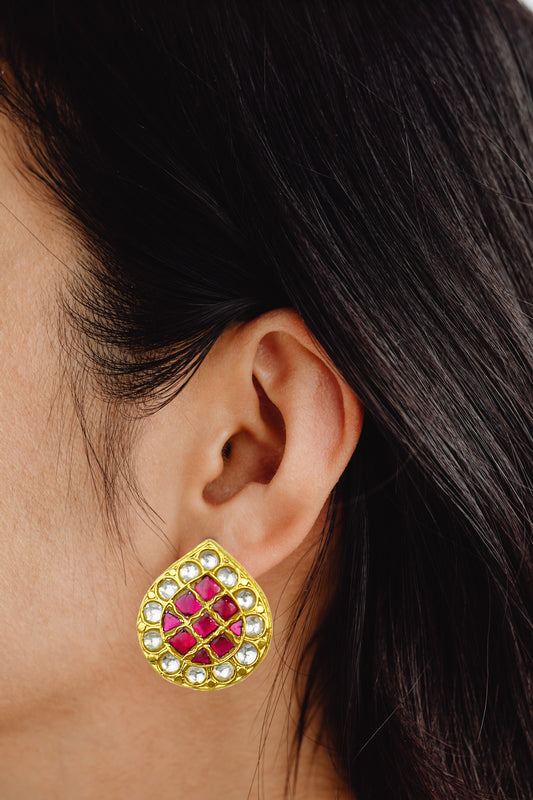 925 Silver Gold Plated White and Red Kundan Paan Studs