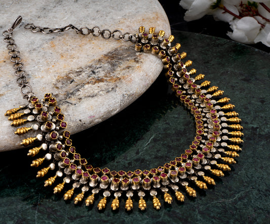 925 Sterling Silver Two Tone Necklace with Red Garnet