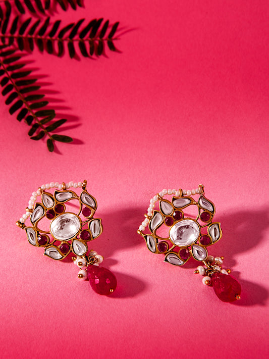 Silver Ruby Kundan Earrings with Drop