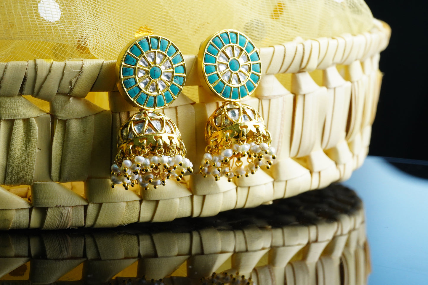 925 Silver Gold Plated Turquoise and Kundan Earrings with Kundan Jhumki - Neeta Boochra Jewellery