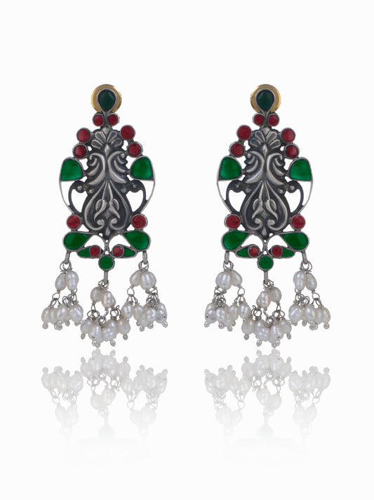 Twin Peacock Chitai Earrings with Multicolor Glass