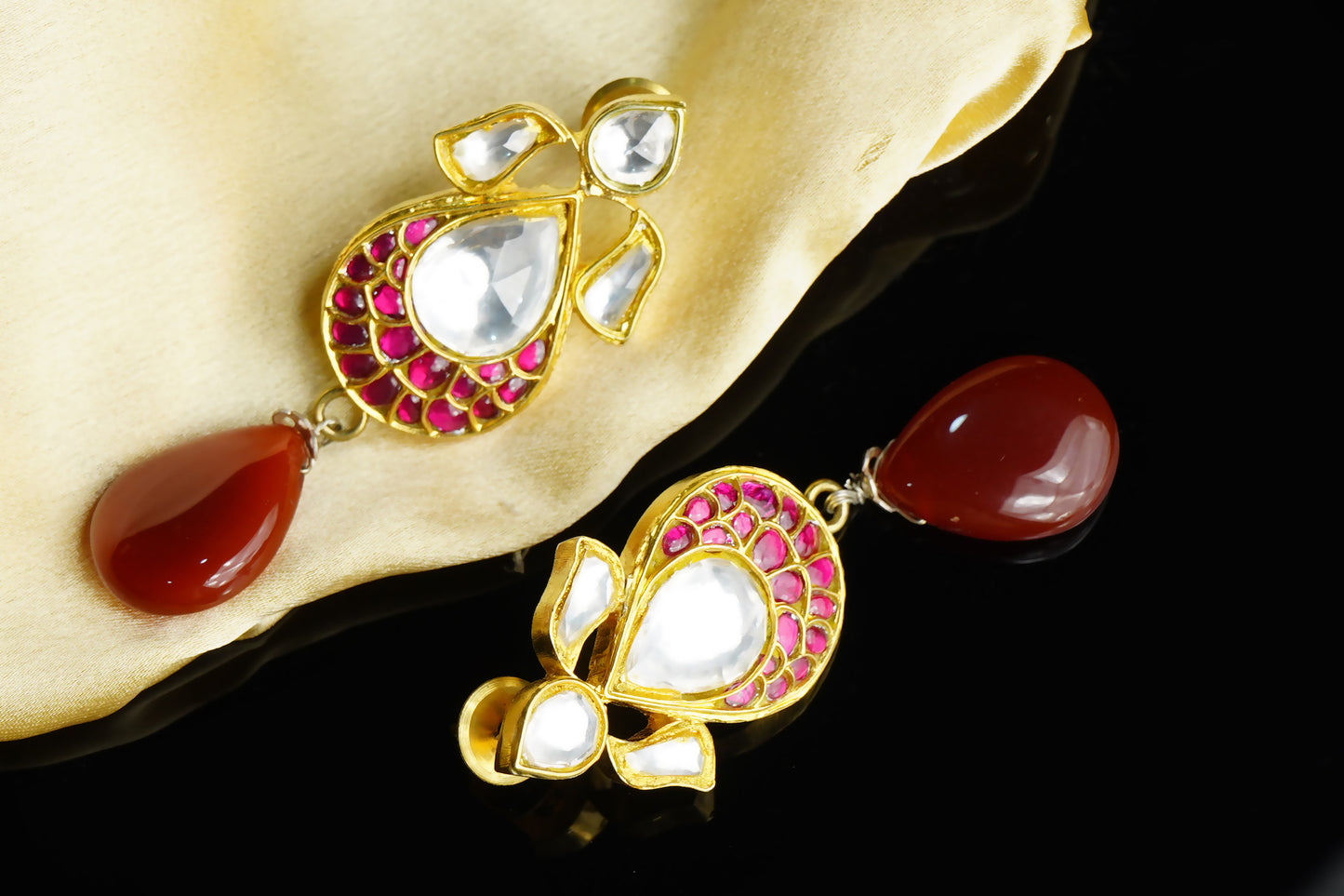 925 Silver Gold Plated Silver and Red Kunan Earrings with Drop - Neeta Boochra Jewellery