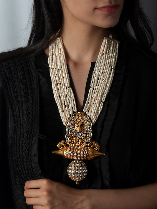 925 Sterling Silver 22K Gold Plated Pearl Beaded Peacock Design Necklace With Kundan Polki