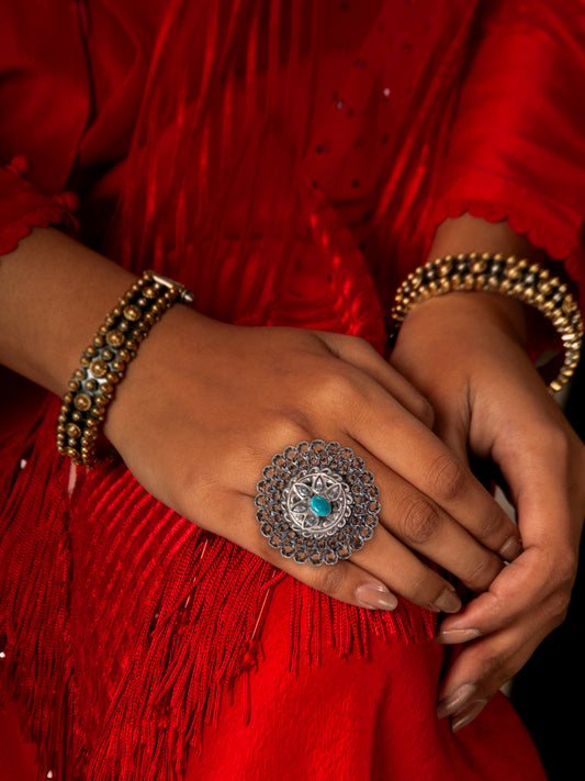 Silver Turquoise and Kundan Adjustable Ring