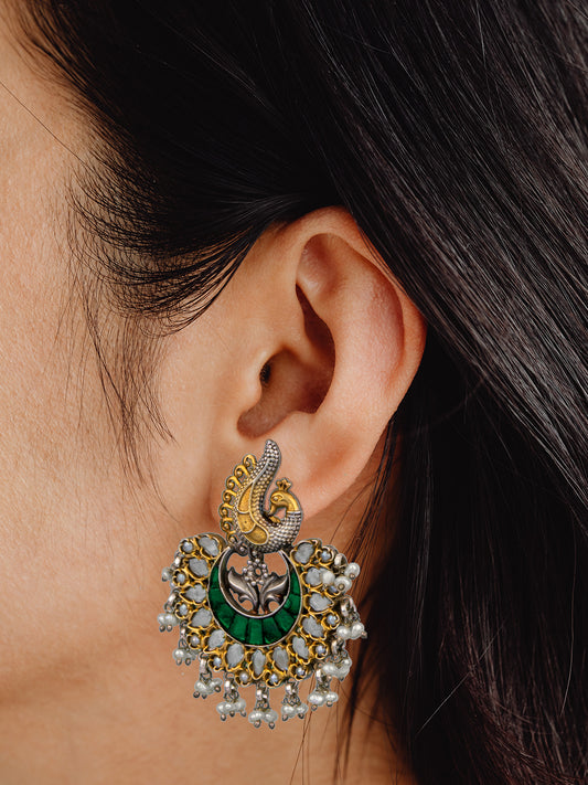 925 Sterling Silver Two Tone Twin Peacock Earrings