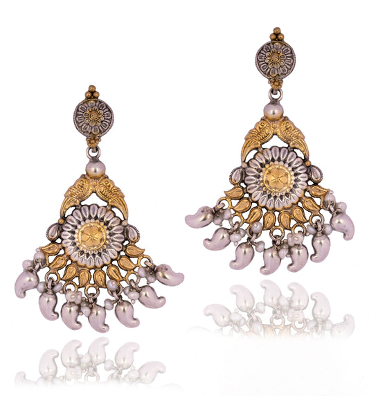 925 Sterling Silver Two Tone Paisley Motif Earrings