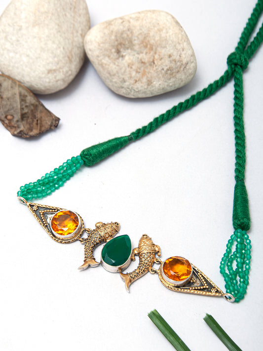 925 Sterling Silver Fusion Two Tone Fish Choker with Green Onyx