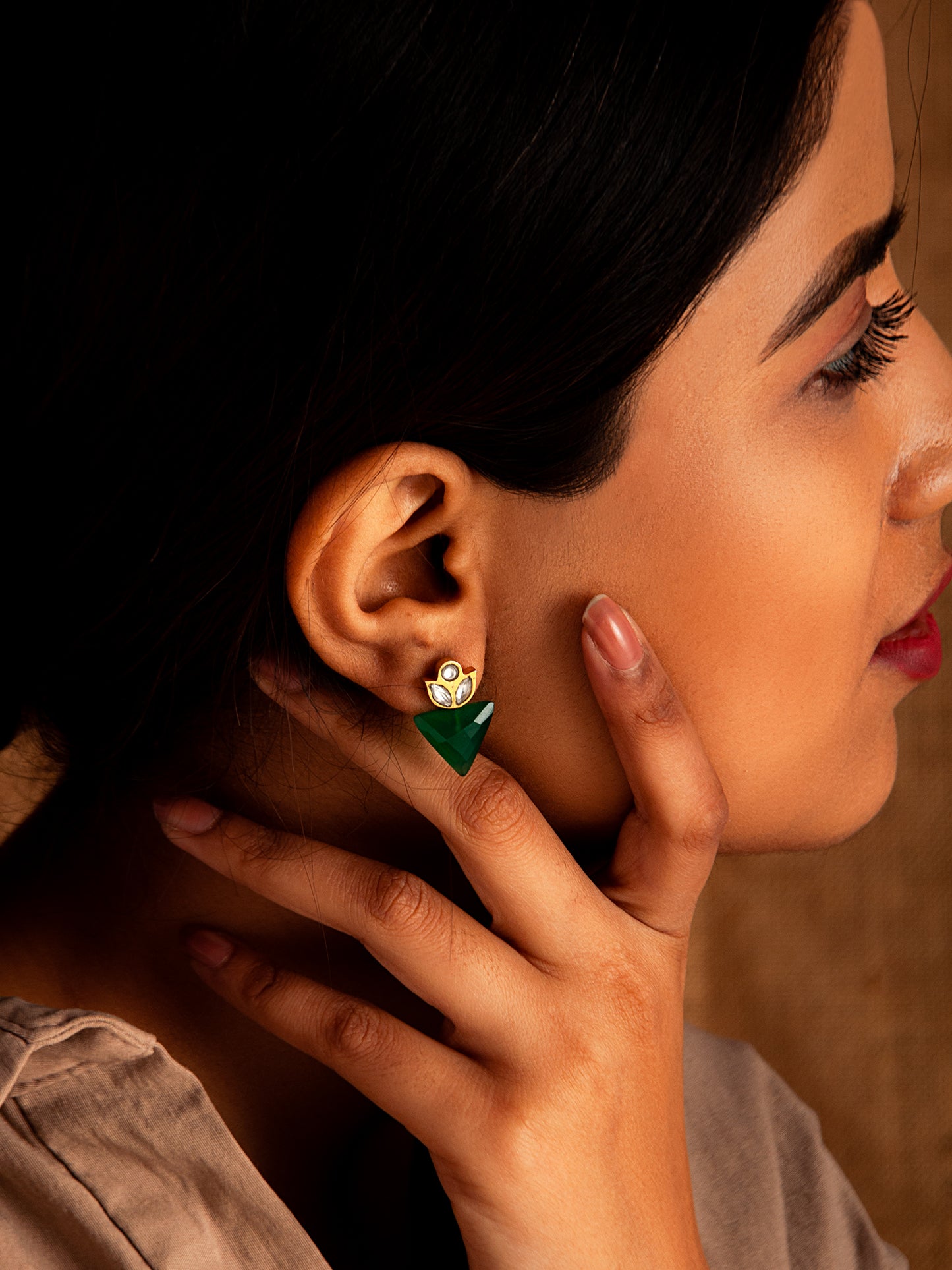 Aurora Green Onyx Triangle Studs