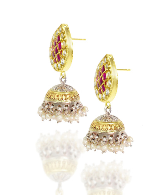 925 Silver Gold Plated White and Red Kundan Paan Jhumki Earrings