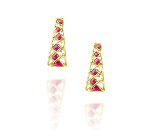 925 Silver Gold Plated White and Red Kundan Trapezium Studs
