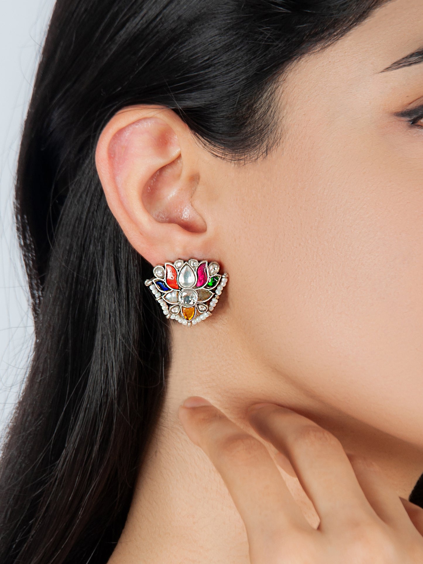 925 Sterling Silver Navratan Kundan Stud Earrings