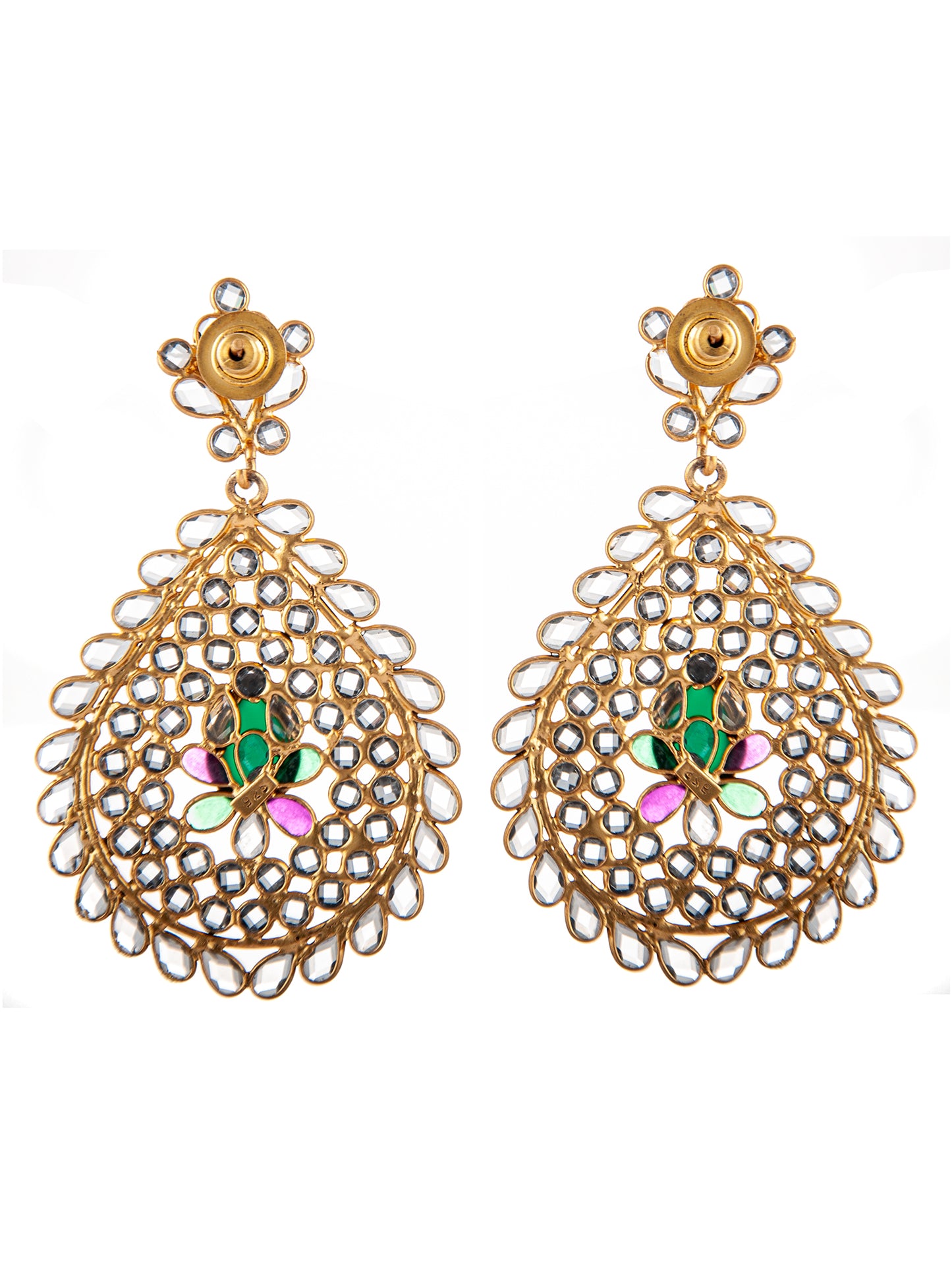 925 Sterling Silver 22K Gold Plated Checker Crystal Earrings with Green Onyx