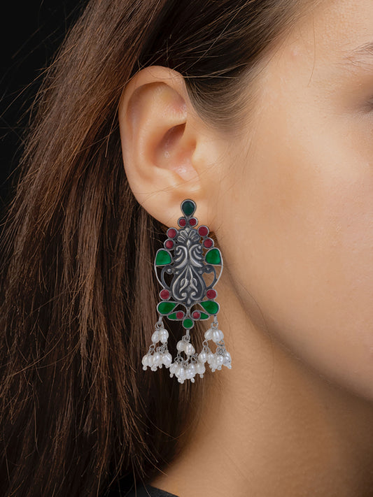 Twin Peacock Chitai Earrings with Multicolor Glass