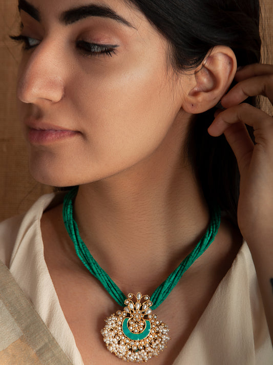 925 Sterling Silver 22K Gold Plated Green Turquoise Beaded Necklace With Pearl