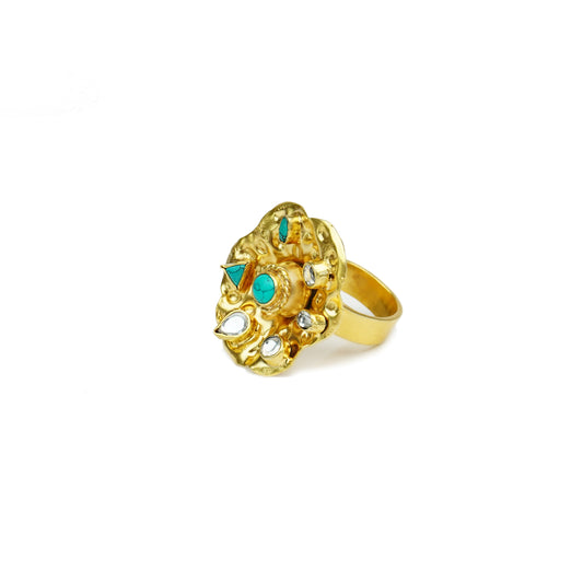 Silver Gold Plated Modern Ring with Turquoise and Kundan - Neeta Boochra Jewellery