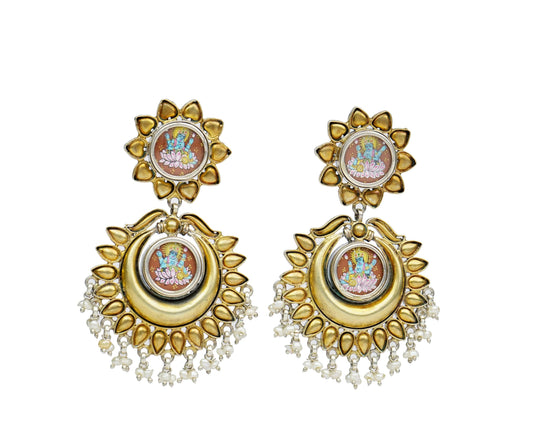 Silver Gold Plated Earrings with Hand Painting - Neeta Boochra Jewellery