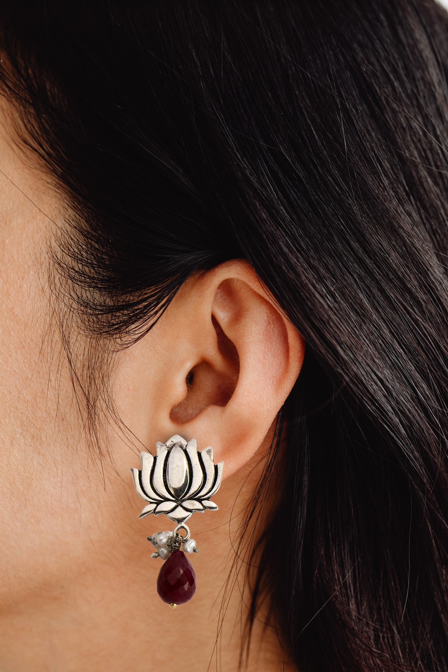 925 Sterling Silver Lotus Earrings with Ruby Drop