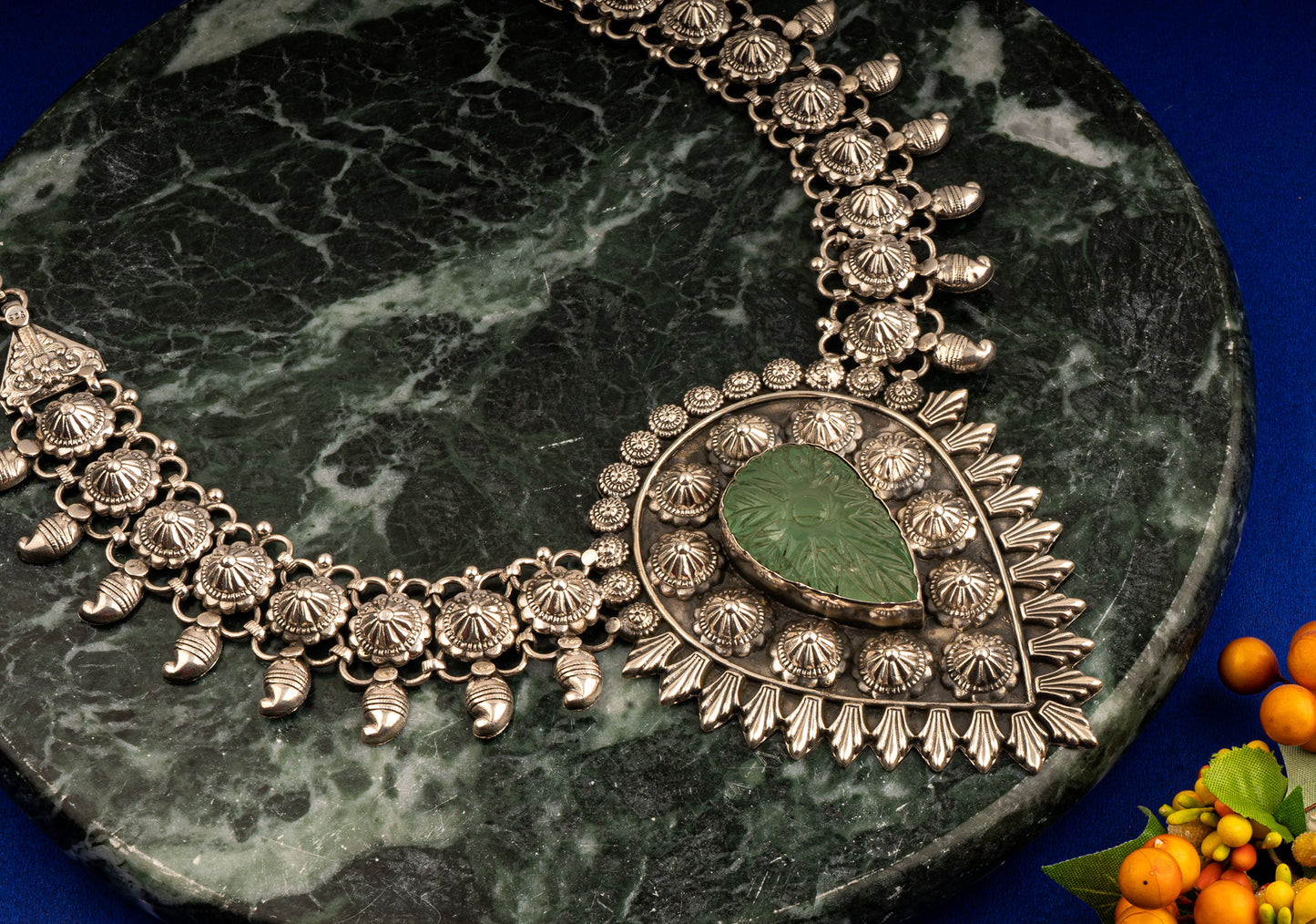 925 Sterling Silver Tribal Necklace with Fine Carved Stone