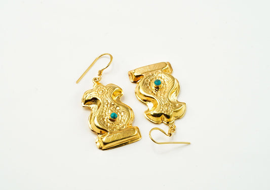 Gold Hollow Earring with Turquoise Stone - Neeta Boochra Jewellery