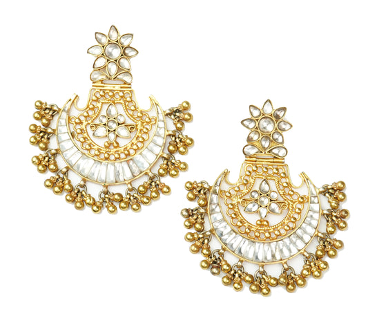 925 Silver Gold Plated White Kundan Chandbali with Ghungroos