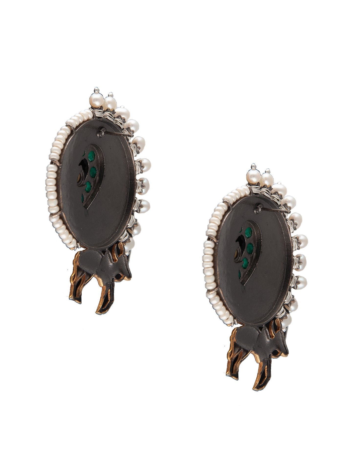 925 Sterling Silver Two Tone Gold Plated Nandi Studs Earrings With Pearl, Green Onyx and Kundan Gemstone