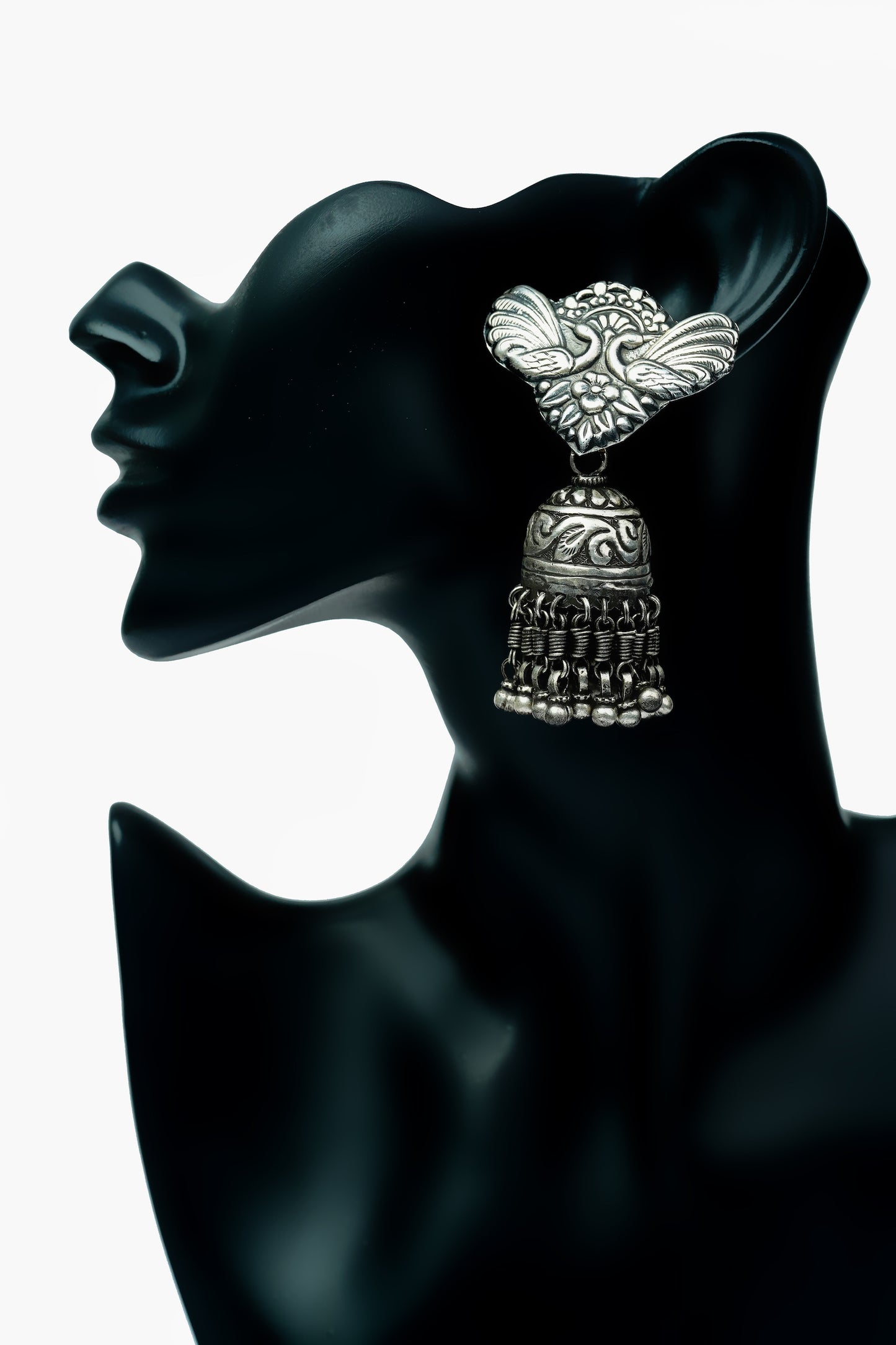 Tribal Twin Peackcok Silver Earrings with Jhumki - Neeta Boochra Jewellery