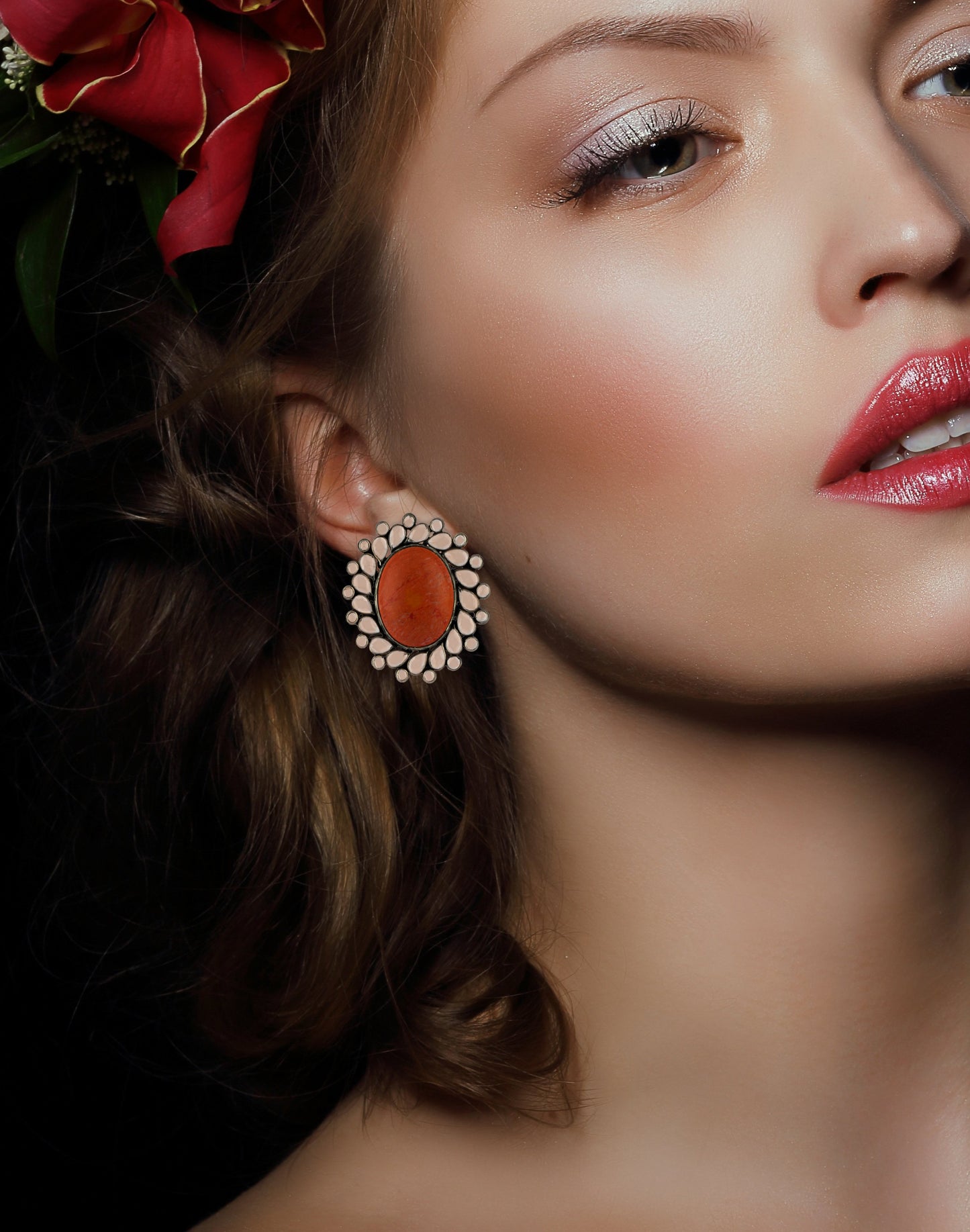 925 Sterling Silver Earrings with Checker and Coral