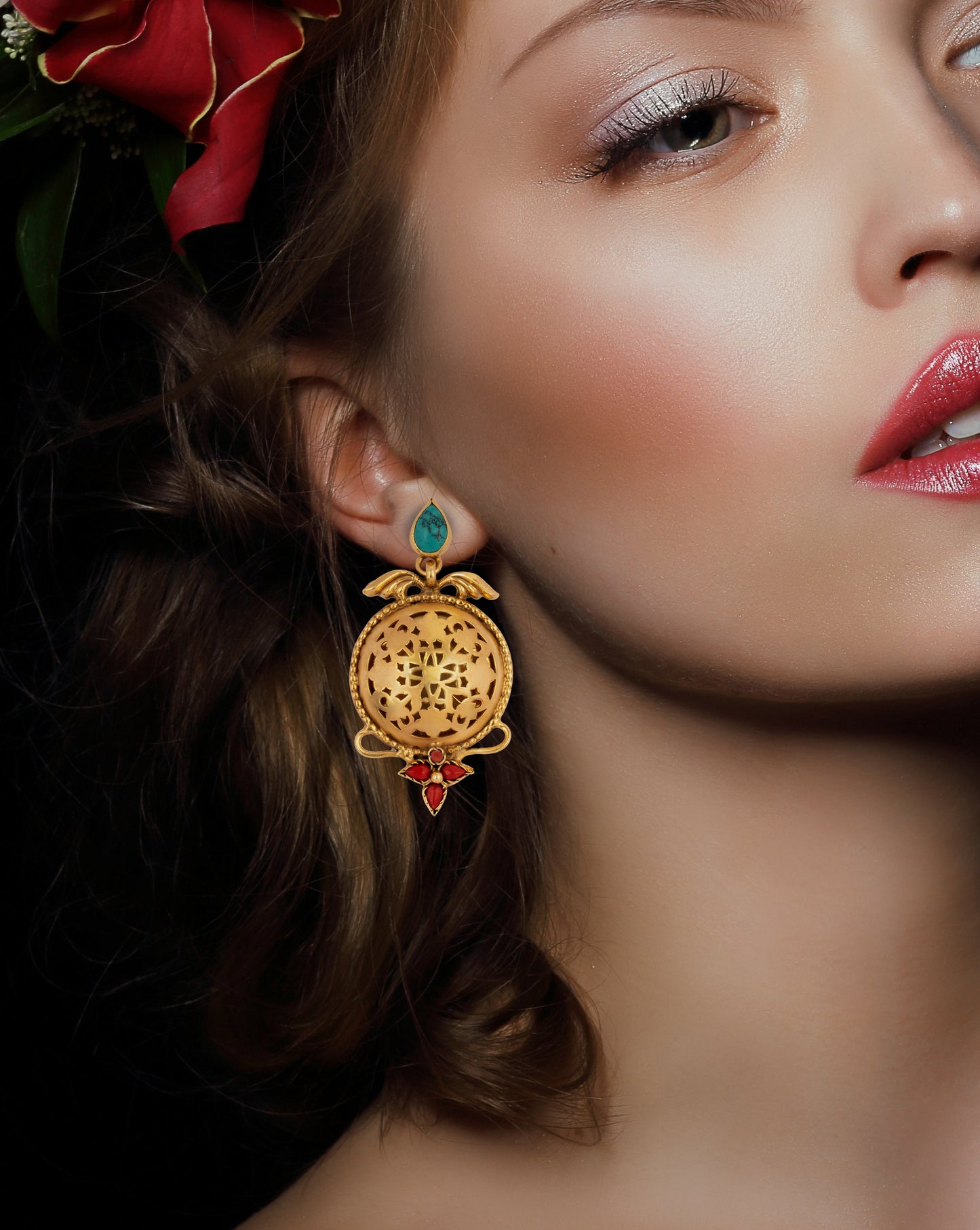 925 Sterling Silver Gold Plated Carved Earrings with Turquoise and Red Coral