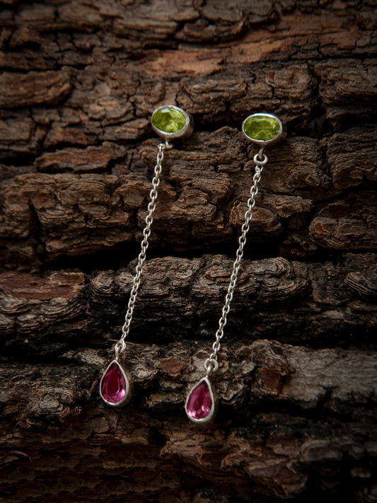 925 Sterling Silver Long Earrings wtih Multicolored Gemstones