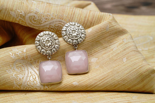 925 Silver Floral Earrings with Rose Quartz - Neeta Boochra Jewellery