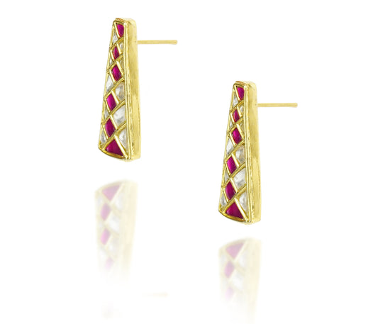 925 Silver Gold Plated White and Red Kundan Trapezium Studs