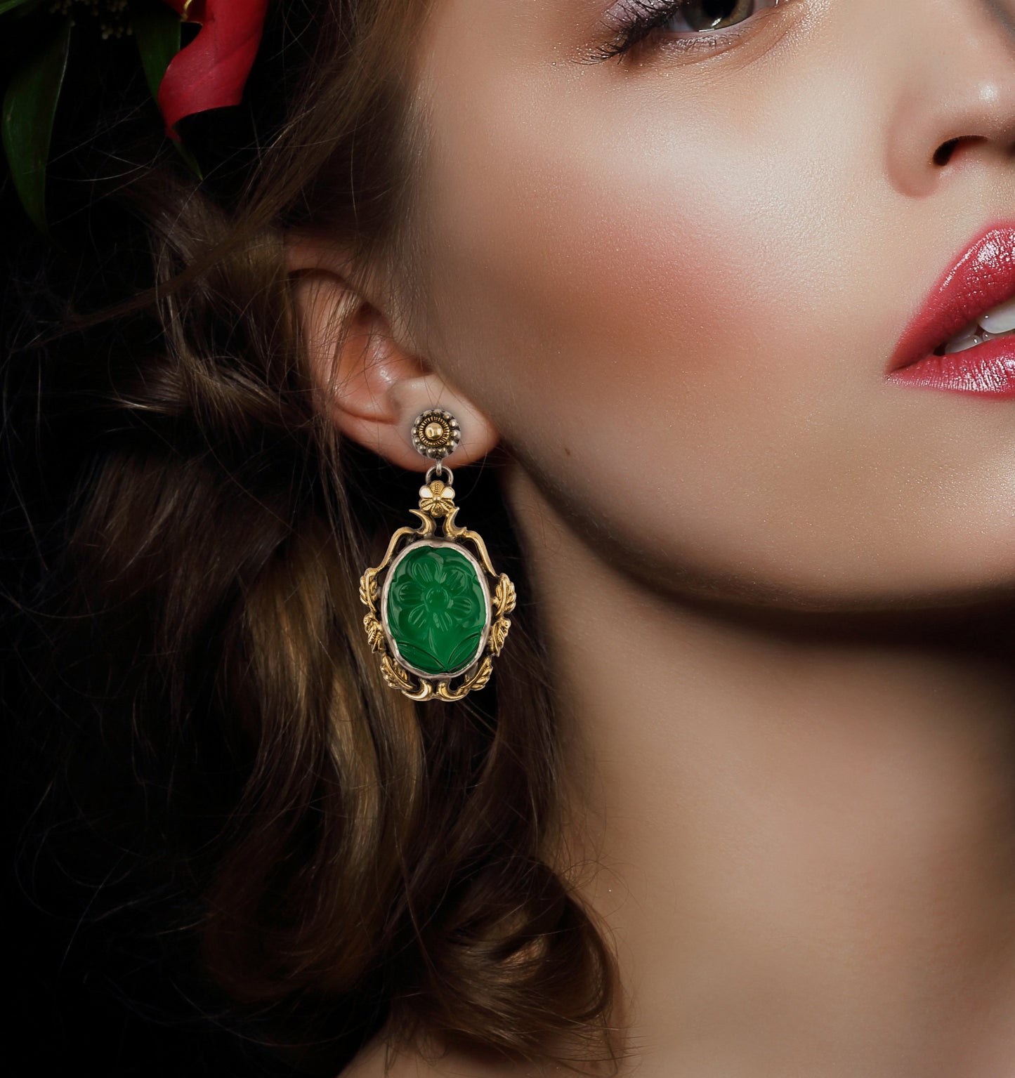 925 Sterling Silver Two Tone Earrings with Carved Stone