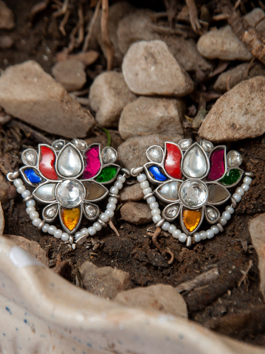 925 Sterling Silver Navratan Kundan Stud Earrings