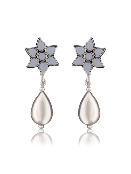 White Floral Glass Earrings with Silver Drop