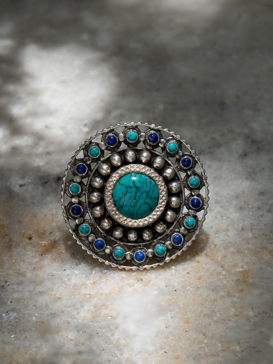 Turquoise and Blue Lapis Gemstone Adjustable Ring with Rawa Work