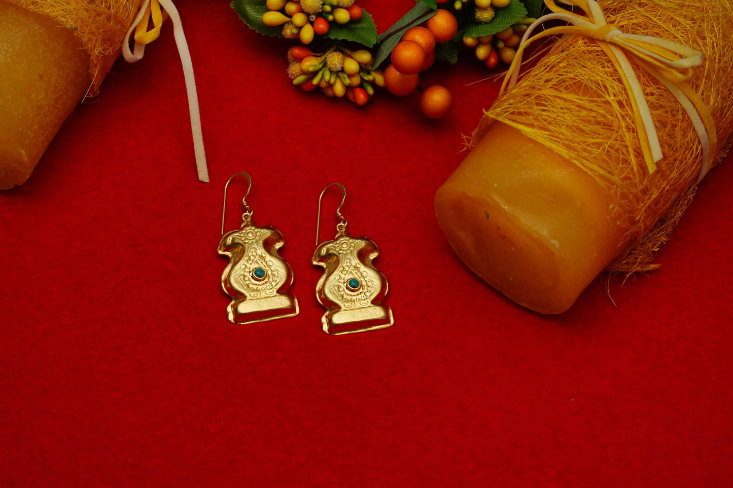 Gold Hollow Earring with Turquoise Stone - Neeta Boochra Jewellery