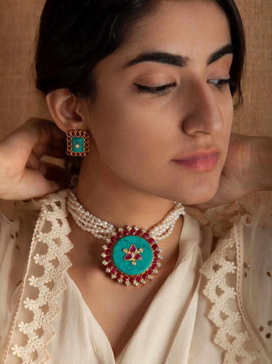 925 Sterling Silver 22K Gold Plated Pearl Beaded Necklace With Turquoise, Ruby Gemstone