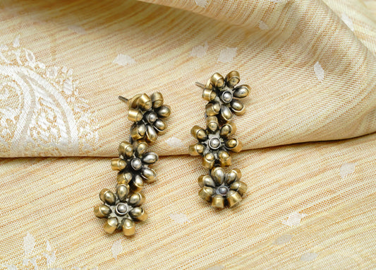 925 Silver Two Tone Floral Earrings - Neeta Boochra Jewellery