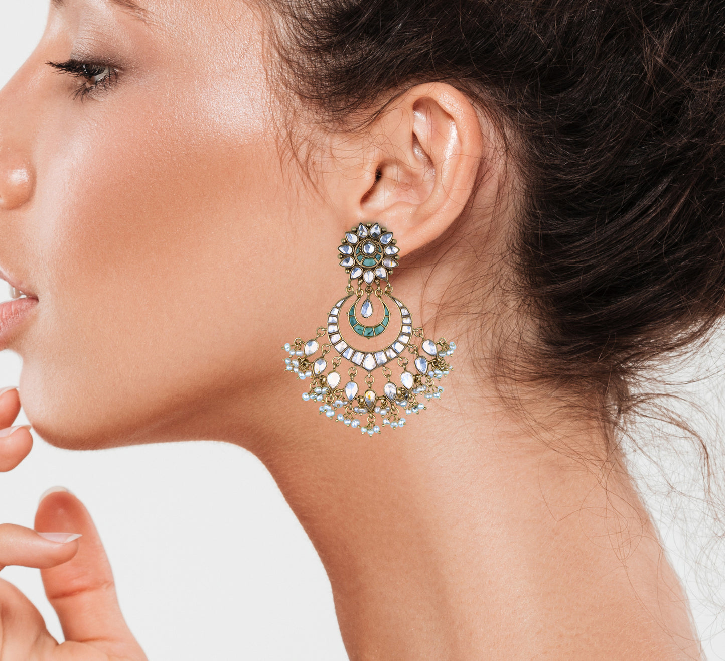 925 Silver Gold Plated White and Green Kundan Chandbali with Pearls