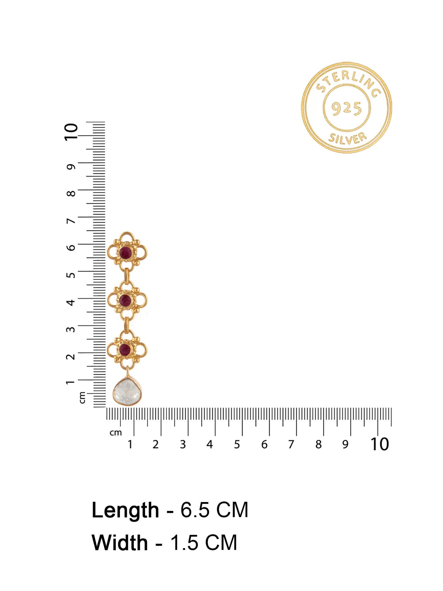 925 Sterling Silver Gold Plated Designer Earring with Moissanite and Ruby