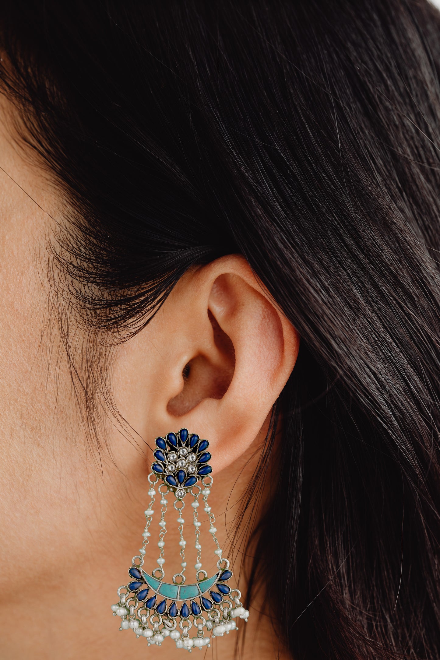 925 Sterling Silver Blue Lapis and Pearls Earrings