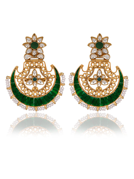 925 Sterling Silver Gold Plated Kundan Chaandbali Earrings