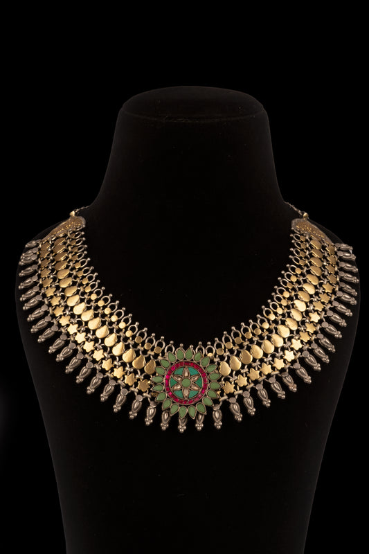 925 Sterling Silver Two Tone Necklace with Kundan Motif