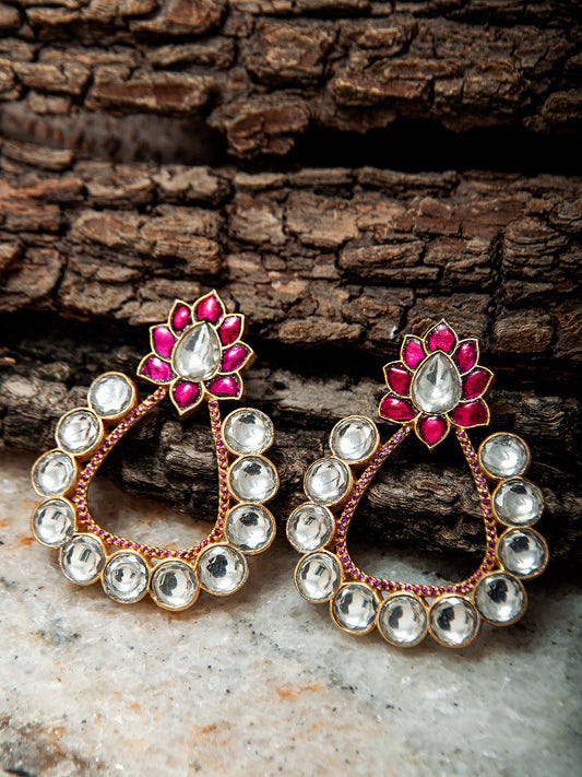 925 Sterling Silver White and Red Kundan Floral Earrings